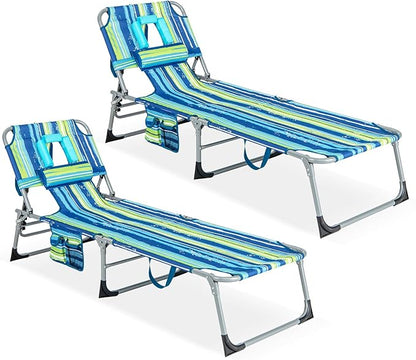 GYMAX Tanning Chair, Folding Lounger with Face/Arm Holes, Carry Handles & Side Pocket, Portable Lightweight Layout Beach Chair for Outdoor/Indoor, Face Down Sun Lounger (2, Blue Stripe)