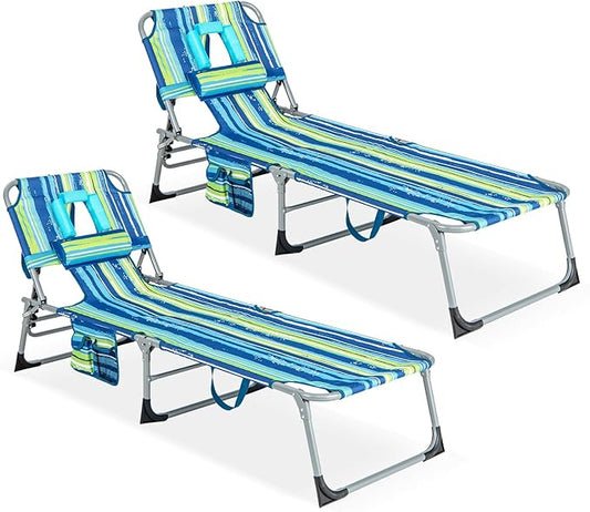 GYMAX Tanning Chair, Folding Lounger with Face/Arm Holes, Carry Handles & Side Pocket, Portable Lightweight Layout Beach Chair for Outdoor/Indoor, Face Down Sun Lounger (2, Blue Stripe)