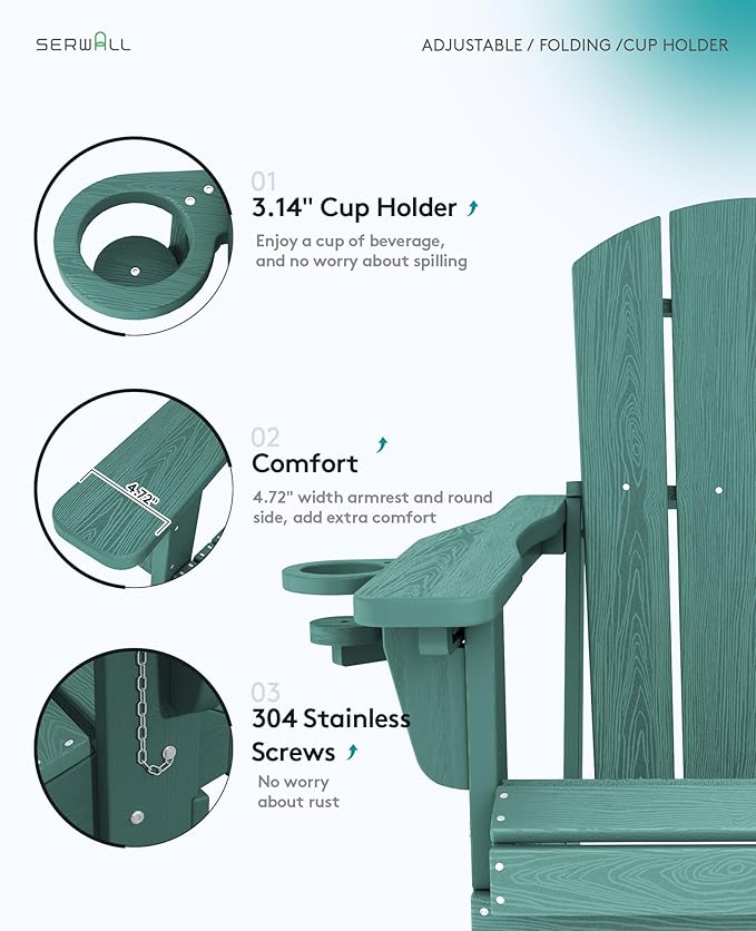 SERWALL Folding Adirondack Chair, Adirondack Outdoor Chair with Cup Holder, Adjustable HDPE Adirondack Chair with 3 Recline Positions, Light Green