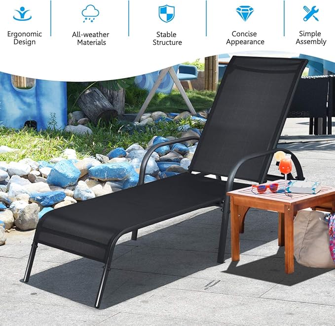 Giantex 2 Pcs Chaise Lounge Chair, Adjustable Reclining Lounge Chairs Patio Furniture, Backyard Lawn Sling Chaise w/Adjustable Back, Folding Recliners for Outdoor Beach Yard Pool (Black)