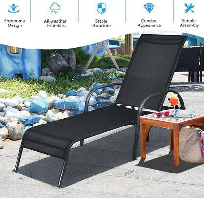 Giantex 2 Pcs Chaise Lounge Chair, Adjustable Reclining Lounge Chairs Patio Furniture, Backyard Lawn Sling Chaise w/Adjustable Back, Folding Recliners for Outdoor Beach Yard Pool (Black)
