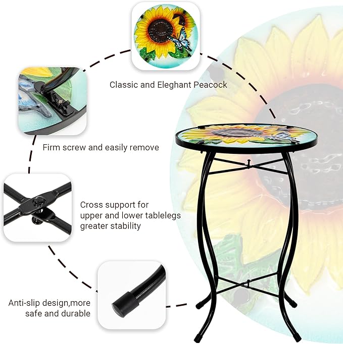 Butterfly Sunflower Small Patio Table,Outdoor Side Table,Outdoor Bar Tables,Metal Glass End Table for Porch Garden Yard Living Room Valentine Decor, 10 Inch Table, Valentine Decoration Gift