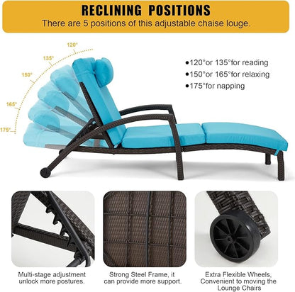 HOMREST Chaise Lounge Chairs Set of 6, PE Rattan Wicker Lounge Chair with Arm and Wheels for Poolside,Blue