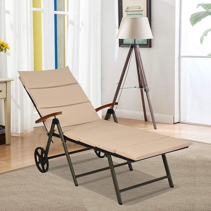 Tangkula Foldable Lounge Chair Outdoor, Wicker Chaise Lounge with Aluminum Frame - Photo 5