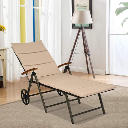 Tangkula Foldable Lounge Chair Outdoor, Wicker Chaise Lounge with Aluminum Frame, 7-Position Adjustable Reclining Pool Lounge Chairs with Wheels, Rattan Lounger with Cushion for Outside Patio Balcony