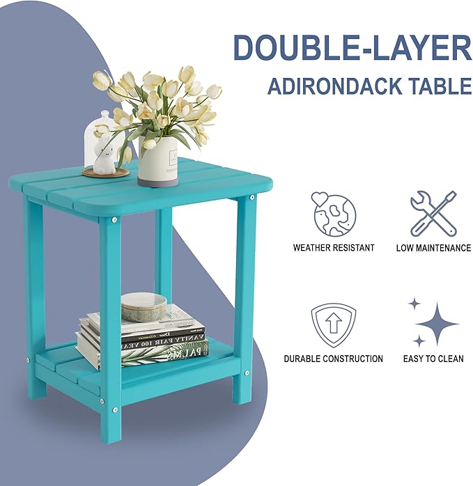 Sundale Outdoor 18" Small Side Table, Patio HDPE All Weather Small Adirondack End Table Water Resistant 2 Tier Rectangular Outside Table for Pool, Garden, Beach, Turquoise