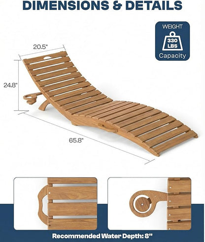 in-Pool Lounge Chairs Set of 2, Folding HDPE Pool Chairs Anti-Floating No Sandbags with Cup Holder & Handles, Outdoor Chaise Lounge for Poolside, Patio & Sun Deck(Teak)