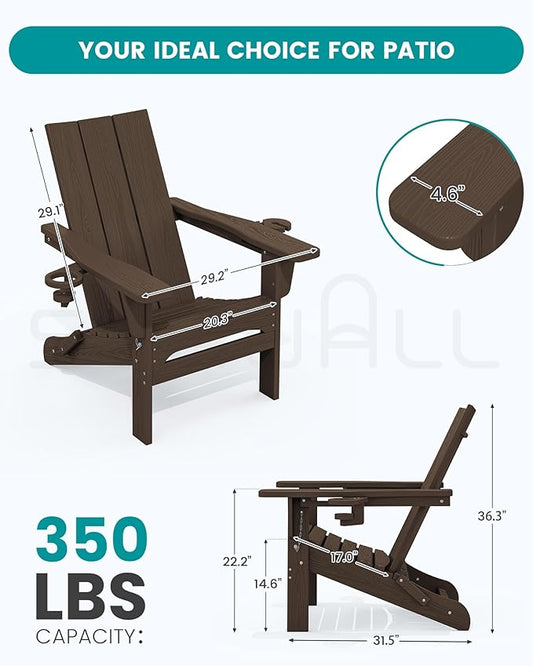 SERWALL Modern Adirondack Chairs Set of 4, Folding Adirondack Chair with Cup Holders, Outdoor HDPE Adirondack Chair for Patio Lawn Garden, Coffee