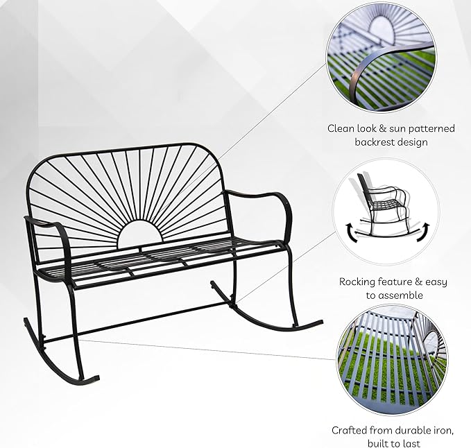 XBrand 44.5" L Iron Sun-Patterned Seat for Two Indoor/Outdoor Rocking Bench, Durable Patio Glider Bench, Black