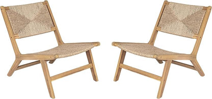 Christopher Knight Home Oner Lounge Chair Outdoor Set of 2, Sturdy Acacia Wood Armless Chair, Weather Resistant Outdoor Furniture, Garden/Poolside Extra Seat with Natural PE Wicker, Light Teak