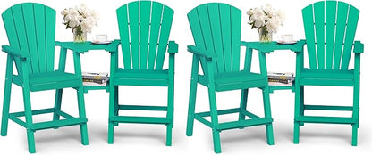 Ciokea Tall Adirondack Chairs Set of 4, HDPE Outdoor Adirondack Bar Stools with Double Connecting Tray, Weather Resistant High Back Adirondack Balcony Chairs for Deck, Lawn, Pool, Backyard, Lake Blue
