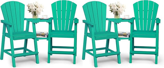 Ciokea Tall Adirondack Chairs Set of 4, HDPE Outdoor Adirondack Bar Stools with Double Connecting Tray, Weather Resistant High Back Adirondack Balcony Chairs for Deck, Lawn, Pool, Backyard, Lake Blue