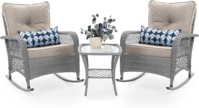 UDPATIO 3 Piece Patio Furniture Set, Wicker Rocking Bistro Set with 2 Rockers, 1 Side Table and 4‘’ Thick Cushions for Backyard, Porch, Balcony, Poolside, Grey/Beige