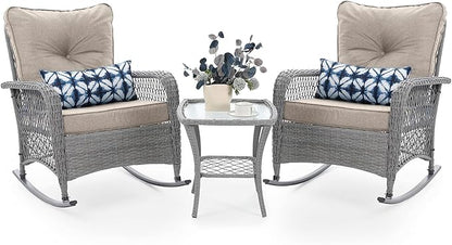 UDPATIO 3 Piece Patio Furniture Set, Wicker Rocking Bistro Set with 2 Rockers, 1 Side Table and 4‘’ Thick Cushions for Backyard, Porch, Balcony, Poolside, Grey/Beige