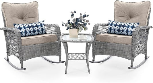 UDPATIO 3 Piece Patio Furniture Set, Wicker Rocking Bistro Set with 2 Rockers, 1 Side Table and 4‘’ Thick Cushions for Backyard, Porch, Balcony, Poolside, Grey/Beige