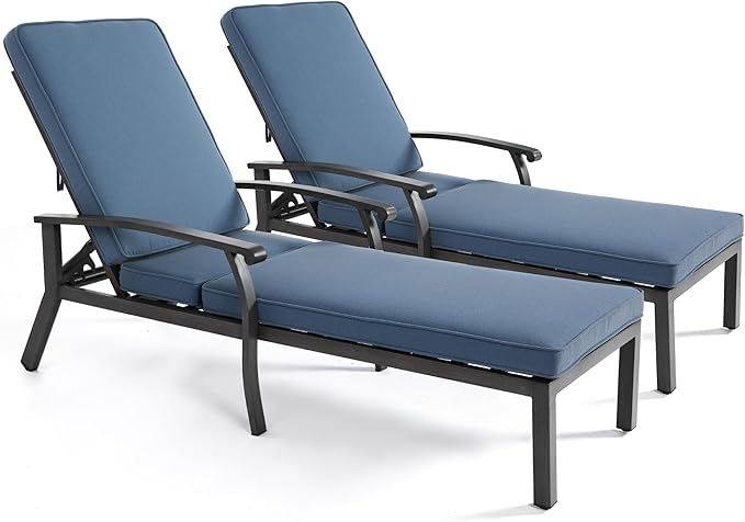 HOMEFUN Chaise Lounge Chair Set of 2, Hand-Finished Wood Grain Cast Aluminum Reclining Loungers with Cushions - Photo 1