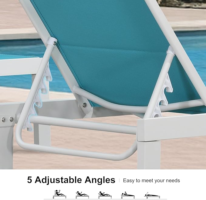 PURPLE LEAF Outdoor Chaise Lounge Set Elderly-Friendly Straight Legs Adjustable Sunbathing Recliner with Side Table for Back Support Poolside Beach Patio Lounge Chairs Blue