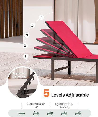 Chaise Lounge Chair Outdoor, Aluminum PatioChairs with 5 Adjustable Backrest and HeadrestPillows for Outside Beach，Red