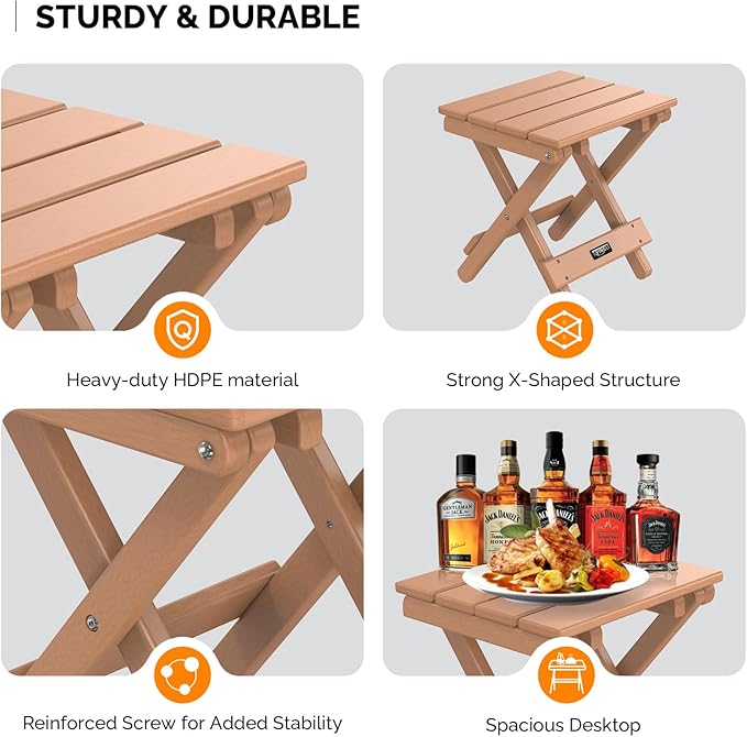 VINGLI Small HDPE Folding Side Table, Plastic Waterproof Portable Adirondack Coffee End Tables, All Weather for Patio, Backyard, Pool, Indoor Use, Slats Style, Teak