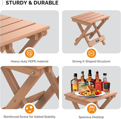 VINGLI Small HDPE Folding Side Table, Plastic Waterproof Portable Adirondack Coffee End Tables, All Weather for Patio, Backyard, Pool, Indoor Use, Slats Style, Teak