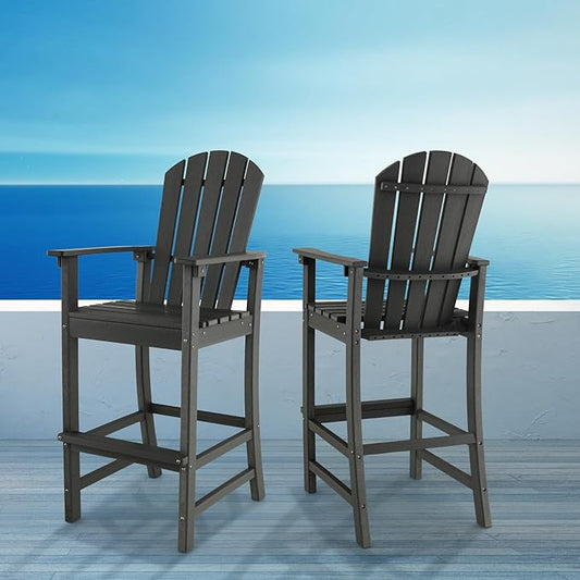 Giantex Outdoor HDPE Bar Stool, Tall Adirondack Chair with Armrests and Footrest, 30 Inches Counter Height Bar Stool for Garden, Backyard, Weather Resistance, Easy Maintenance (2, Black)