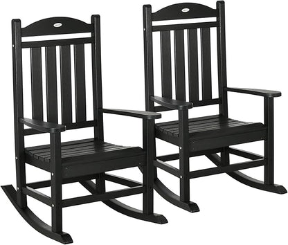 Outsunny 2 Pieces Outdoor Rocking Chair, All Weather-Resistant HDPE Rocking Patio Chairs with Rustic High Back, Armrests, Oversized Seat and Slatted Backrest, 350lbs Weight Capacity, Black