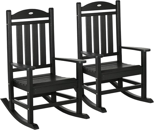 Outsunny 2 Pieces Outdoor Rocking Chair, All Weather-Resistant HDPE Rocking Patio Chairs with Rustic High Back, Armrests, Oversized Seat and Slatted Backrest, 350lbs Weight Capacity, Black