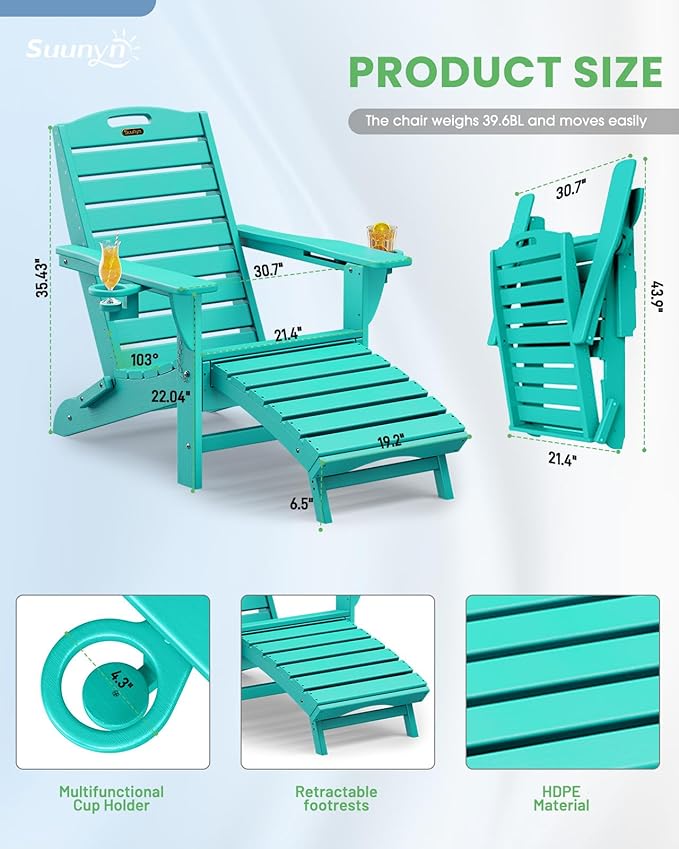 Folding Adirondack Chairs Set of 4,Adirondack Chair with Retractable Ottoman,Plastic Adirondack Chairs with 2 Cup Holder,Weather Resistant Patio Chair,Outdoor Chairs Set of 4(Lake Blue)