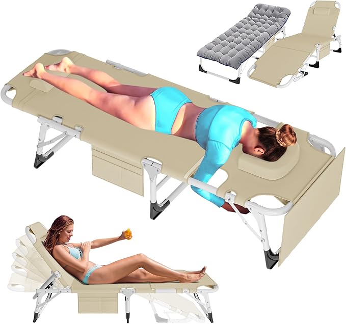 ABORON 4-in-1 Lounge Chair with Face & Arm Holes for Tanning, 440LB Heavy-Duty Folding Recliner with Plush Cotton Cushion, No Assembly Tri-Fold Guest Bed for Sunbathing, Poolside, Office Nap & Camping
