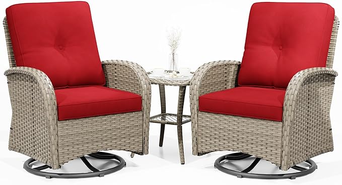 Joyside Outdoor Swivel Rocker Chairs, 3 Piece Wicker Patio Set with Thickened Cushions, High Back, Deep Seating, Wide Armrest, Outdoor Swivel Chairs for Porch, Deck