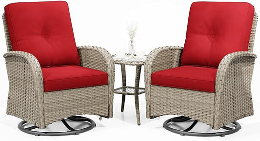 Joyside Outdoor Swivel Rocker Chairs, 3 Piece Wicker Patio Set with Thickened Cushions, High Back, Deep Seating, Wide Armrest, Outdoor Swivel Chairs for Porch, Deck