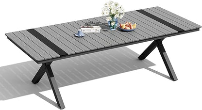 Pellebant 94" Outdoor Dining Table for 8-10, 8ft Aluminum Patio Table with Umbrella Hole, Weather Resistant Grey Wood Grain Tabletop and Sturdy Frame for Deck, Porch, Backyard