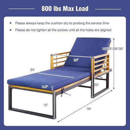 Tangkula Acacia Wood Patio Lounge Chair, Heavy Duty Outdoor Chaise Recliner with with 4 Level Adjustable Backrest, Foam-Padded Cushion, 800 lbs Weight Capacity, for Poolside, Garden, Deck (1, Navy)