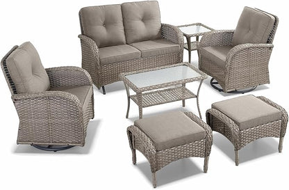 7 Pieces Patio Furniture-Patio Swivel Chairs Set of 2 Outdoor Glider Bench Rocking Chair with Patio Ottomans Patio Conversation Sets for Deck Porch Garden Balcony Poolside-Grey/Grey