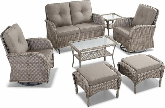 7 Pieces Patio Furniture-Patio Swivel Chairs Set of 2 Outdoor Glider Bench Rocking Chair with Patio Ottomans Patio Conversation Sets for Deck Porch Garden Balcony Poolside-Grey/Grey