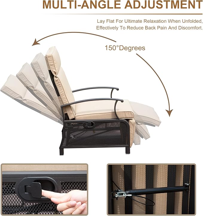 Domi Adjustable Patio Recliner Chair Metal Outdoor Lounge Chair with Flip Table Push Back, Adjustable Angle, Removable Cushions, Support 350lbs, Beige