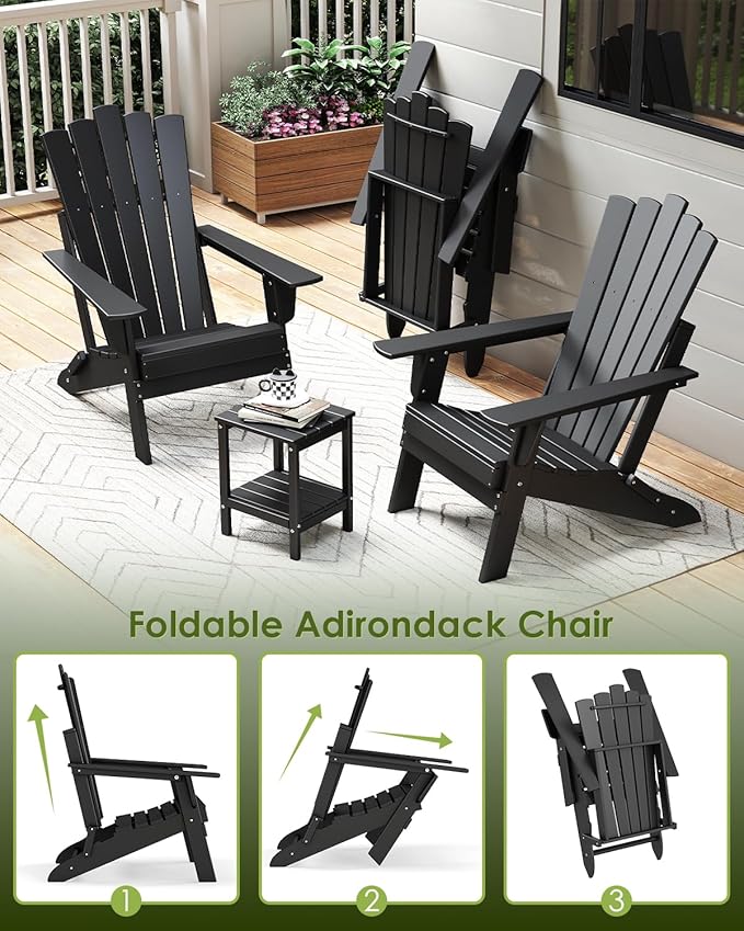 GREENVINES Folding-Adirondack-Chairs-Set-of-4 | HDPE Plastic | Throne Series | Fire Pit Chair | All Weather | for Outdoor Patio Deck Backyard Poolside | Black