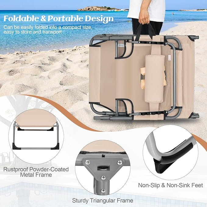 GYMAX Tanning Chair, Folding Lounger with Face/Arm Holes, Carry Handles & Side Pocket - Photo 6