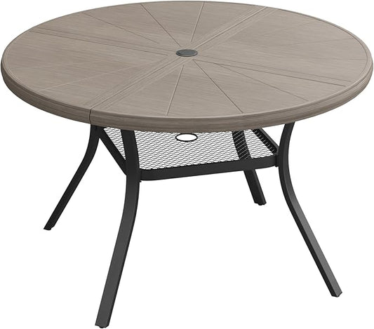 VICLLAX Round Patio Dining Table, 4 Person Aluminum Outdoor Dining Table with Umbrella Hole and Storage Shelf for Garden Lawn Deck, 40.6" Grey