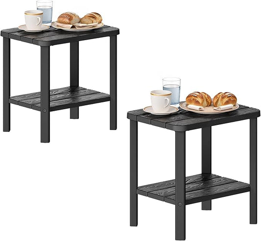 KAMABOKO HDPE Outdoor Side Table Set of 2, 2-Tier Adirondack End Table Wood-Like Grain 16" Waterproof Square Storage Tables for Patio Pool Backyard Lawn and Indoor(Black)