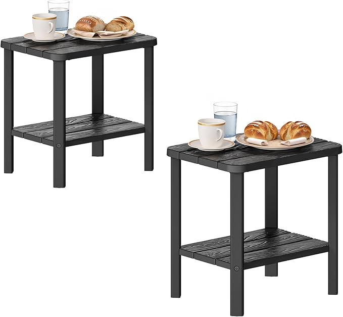 KAMABOKO Adirondack Outdoor Side Table Set of 2, 2-Tier HDPE End Table 16" Weatherproof Square Storage Tables for Porch Patio Pool Backyard Lawn and Indoor, Black with Wood-Like Grain