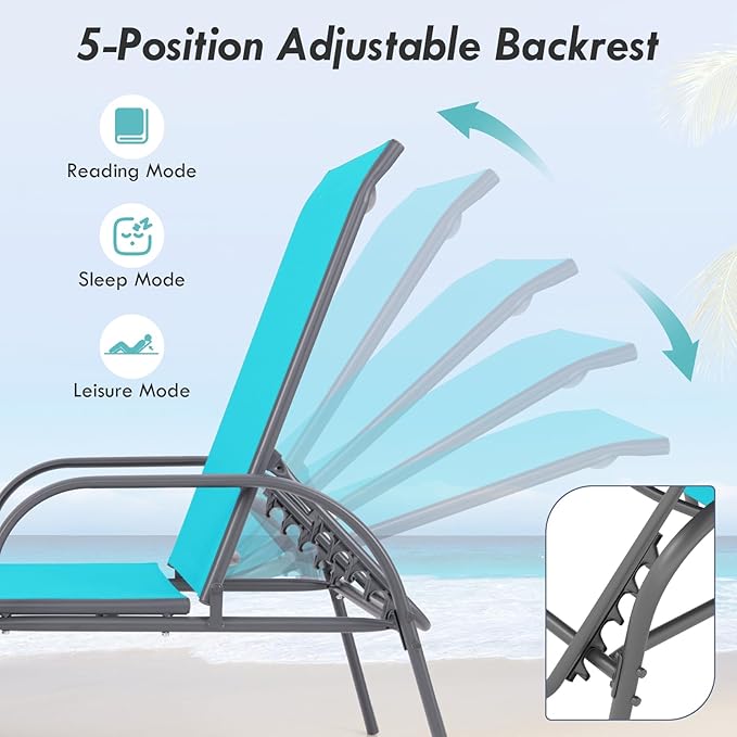 COSTWAY Outdoor Lounge Chairs Set of 2, Patio Chaise Lounge Recliner with Heavy Duty Steel Frame, 5-Position Adjustable Backrest for Deck, Beach, Pool (2, Turquoise)