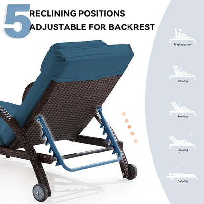 Pool Outdoor Lounge Chairs Set of 2,Outdoor Chaise Lounge w/ 5 Adjustable Back,Wicker Patio Pool Lounge Chair with Wheels for Poolside Deck Lawn,Peacock Blue