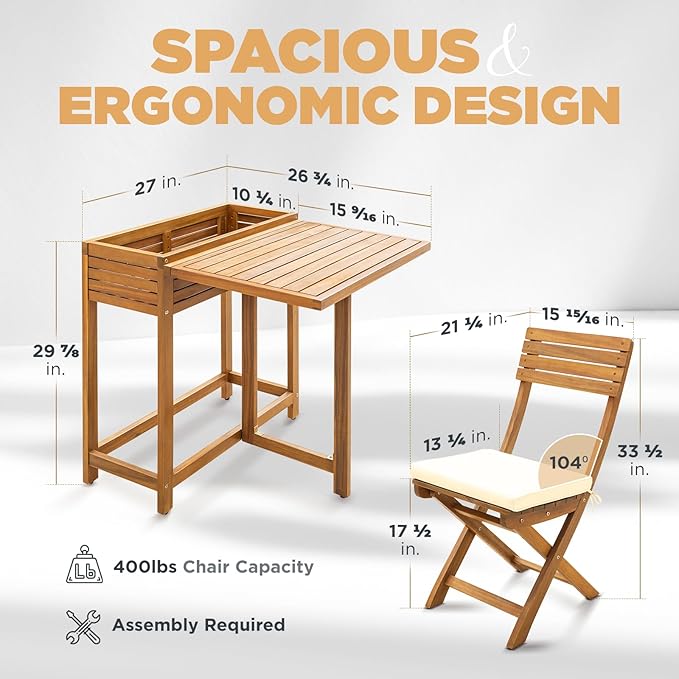 IDZO Natural 3-Piece Bistro Set: Foldable 400lbs Chairs, 220lbs Shelf Table, FSC Acacia Wood, Washable Cushions - Photo 5