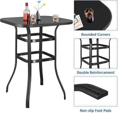 Yaheetech Patio Bar Table Tempered Glass, Height High Top Outdoor Pub Height Bistro Square Glass Side Table for Balcony Backyard Poolside, Black