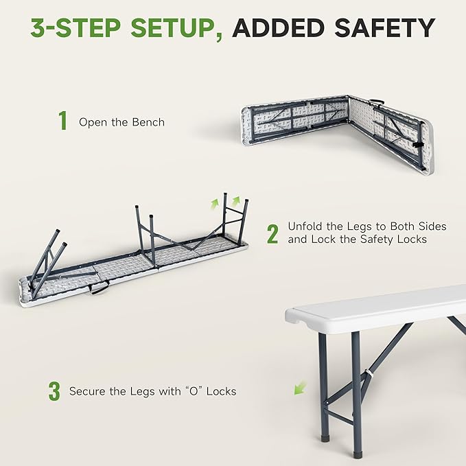 6FT Folding Bench - Heavy Duty 770lbs Capacity, Safety Locking Button & Wider Carrying Handle, Foldable Portable Bench for Outdoor, Picnic, Storage, Camping - White, 2 Pack