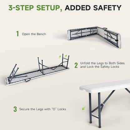 6FT Folding Bench - Heavy Duty 770lbs Capacity, Safety Locking Button & Wider Carrying Handle, Foldable Portable Bench for Outdoor, Picnic, Storage, Camping - White, 1 Pack