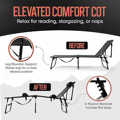 Outdoor Lounge Chair | Extra Large Portable cot incl Leg Raising adjustability | Easy Setup & Takedown | Supports Adults up to 300 lb | Ideal for Camping Patio, Balcony, Beach & More
