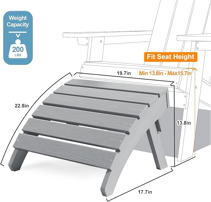 MXIMU Folding Adirondack Ottoman Set of 4: HIPS Plastic Outdoor Footrest Easy Assembly - All Weather Foot Stool Foot Rest for Adirondack Chair Use in Patio Garden Backyard Pool (Grey)