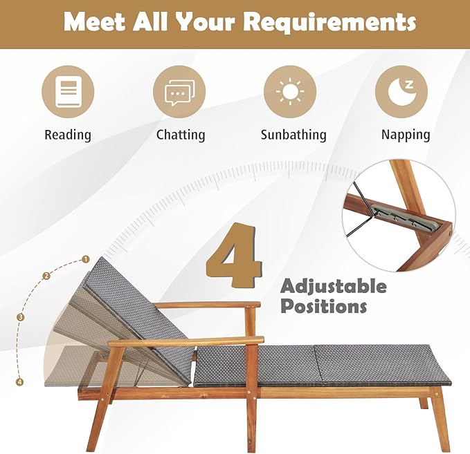 COSTWAY Patio Rattan Chaise Lounge Chair Recliner Back Adjustable Acacia Wood Garden - Photo 6
